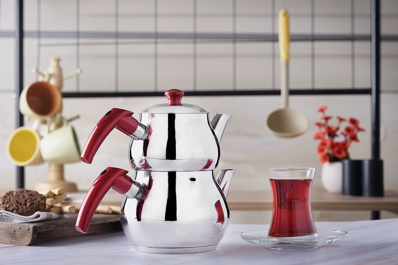 DESTALYA Turkish Teapot Set | Stainless Steel Double Tea Pots for Stove Top | Tea Maker with Strainer | Samovar Style Tea Kettle | Water Heater (Mini with Red Handles) - Image 2